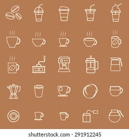 Coffee line icons on brown background, stock vector