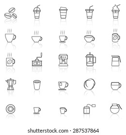 Coffee line icons with reflect on white, stock vector