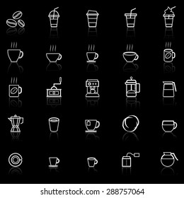 Coffee line icons with reflect on black, stock vector