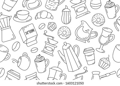 Coffee line icons seamless pattern. Endless texture