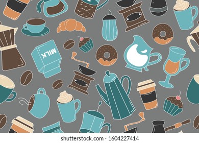 Coffee line icons seamless pattern. Endless texture