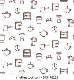 Coffee line icons seamless white vector pattern. Espresso shop tools background.