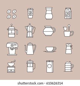 Coffee Line Icons Set with Brown Background