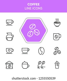 Coffee line icons. Set of line icons on white background. Coffee cup, beans, kettle. Coffee concept. Vector illustration can be used for topics like kitchen, coffee house, cafe