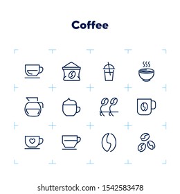 Coffee line icons. Set of line icons on white background. Coffee cup, beans, kettle. Coffee concept. Vector illustration can be used for topics like kitchen, coffee house, cafe