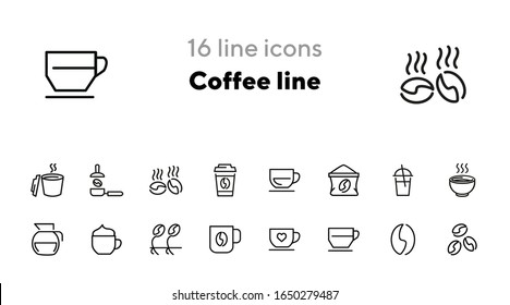 Coffee line icons. Set of line icons on white background. Cup, coffee beans, kettle. Coffee concept. Vector illustration can be used for topics like kitchen, coffee house, cafe