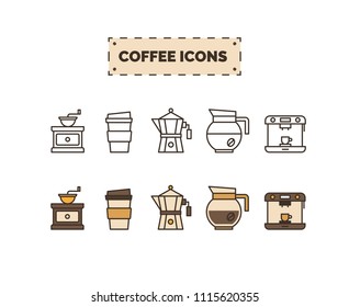 Coffee line icons set. Signs of filter coffee brew bar, cezve, coffee maker machine, coffee cup, aeropress, siphon flat design. Vector illustration