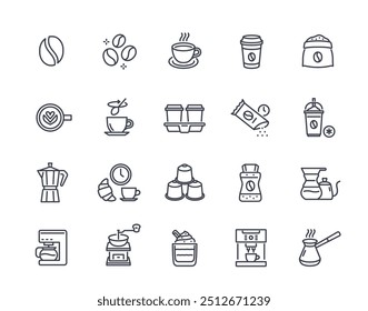 Coffee line icons set. Simple symbols with coffee bean, french press, grinder and cup of hot cappuccino. Editable stroke. Outline vector illustration collection isolated on white background