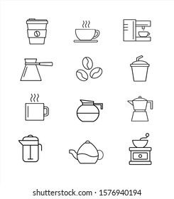 Coffee line icons set vector illustration.Contains an icon such as a cup, cezve, coffee beans, coffee machine, coffee maker, and more.