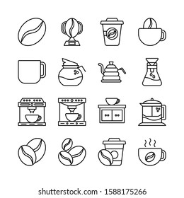 Coffee line icons set vector illustration. Contains such Icons as kettle, pot, beans, hot cocktail, mixer, coffee machine. espresso cup, cappuccino, roasted bean. Pixel perfect. Editable Stroke.