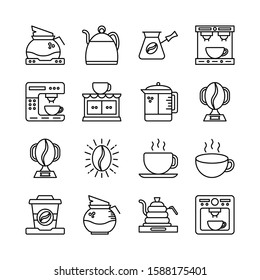 Coffee line icons set vector illustration. Contains such Icons as kettle, pot, beans, hot cocktail, mixer, coffee machine. espresso cup, cappuccino, roasted bean. Pixel perfect. Editable Stroke.