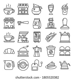 Coffee line icons set vector illustration. Contains such Icons as kettle, pot, beans, hot cocktail, mixer, coffee machine. espresso cup, cappuccino, roasted bean. Pixel perfect. Editable Stroke.