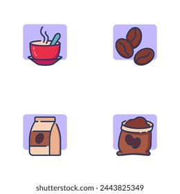 Coffee line icoon set. Cup of hot drink, pack and stack with coffee beans. Beverage or breakfast concept. Vector illustration symbol element for web design and apps