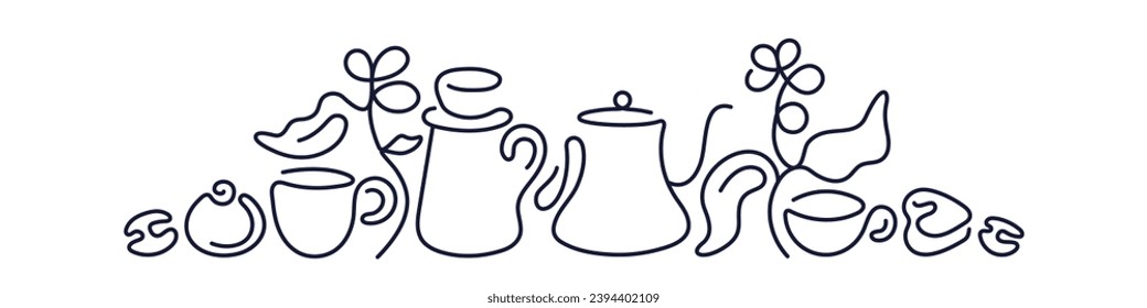 Coffee line label. Sketch of cup, dessert, aroma beans. Bakery and cafe abstract design