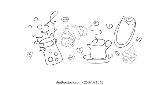 Coffee line label. Sketch of cup, dessert, aroma beans. Bakery and cafe abstract design vector illustration
