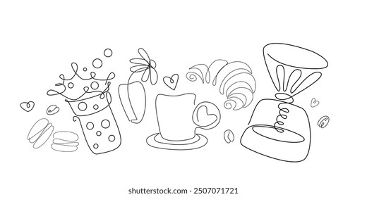 Coffee line label. Sketch of cup, dessert, aroma beans. Bakery and cafe abstract design vector illustration

