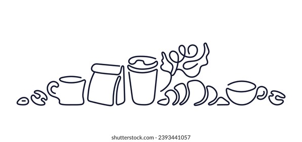 Coffee line logo. Sketch of cup, aroma beans, croissant. Bakery and cafe design