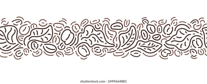 Coffee line ornament. Tropical seamless pattern, abstract silhouette of beans, leaves. Aroma robusta and arabica variety. Vector nature graphic border. Nature decor for cafe, textile, food design