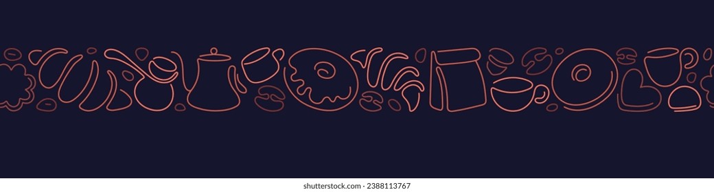 Coffee line pattern. Abstract border of beans, cookie, croissant, cup. Vector bakery and cafe background