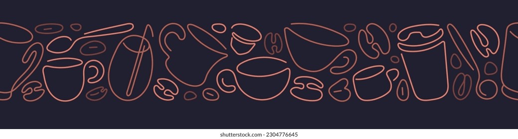 Coffee line pattern. Espresso cups, cappuccino and roasted beans. Vector abstract border for cafe menu, shop