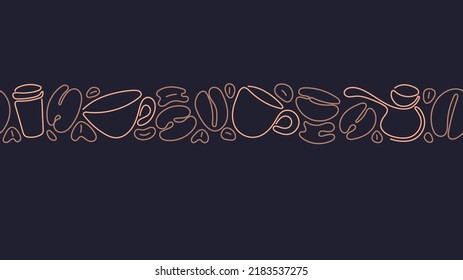 Coffee Line Print. Cup And Beans. Vector Seamless Pattern. Abstract Strip Repeat On Black Background. Natural Aroma Beverage