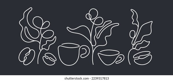 Coffee line set. Abstract graphic tree, cups, grains. Vector outline sketch on black background. Aroma drink. Art object for cafe shop