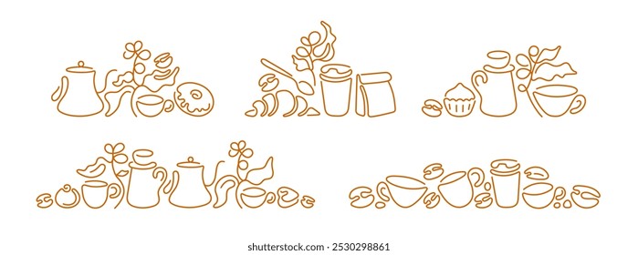 Coffee line set. Sketch of cup, dessert, aroma beans. Bakery and cafe abstract design. Vector sketch border for cafe shop, food print. Abstract silhouette concept. Editable stroke