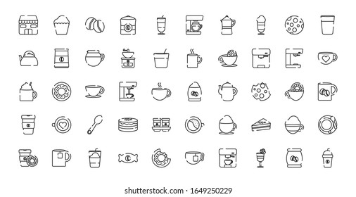 Coffee line style icon set design of time drink breakfast beverage morning store aroma and caffeine theme Vector illustration