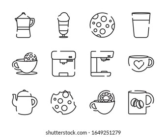 Diseño de conjunto de iconos de línea de café para tomar el desayuno bebida bebidas de la mañana aroma de la tienda y cafeína Tema vectorial Ilustración vectorial