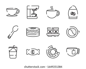 Coffee-line-Stil Ikone-Set Design der Time Drink Frühstück Getränke morgens Geschäft Aroma und Coffein Thema Vektorillustration Illustration