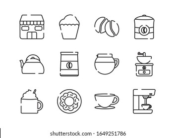 Coffee line style icon set design of time drink breakfast beverage morning store aroma and caffeine theme. Vector illustration.