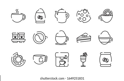 Coffee line style icon set design of time drink breakfast beverage morning store aroma and caffeine theme. Vector illustration.