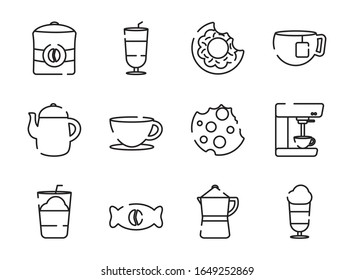 Coffee-line-Stil Ikone-Set Design der Time Drink Frühstück Getränke morgens Geschäft Aroma und Coffein Thema Vektorillustration Illustration