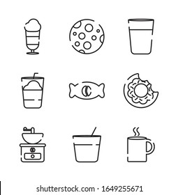 Diseño de conjunto de iconos de línea de café para tomar el desayuno bebida bebidas de la mañana aroma de la tienda y cafeína Tema vectorial Ilustración vectorial