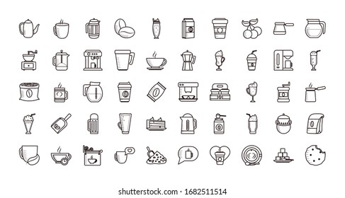Coffee line style icon set design of time drink breakfast beverage shop morning store aroma and caffeine theme Vector illustration