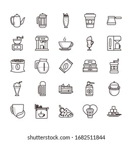 Coffee line style icon set design of time drink breakfast beverage shop morning store aroma and caffeine theme Vector illustration
