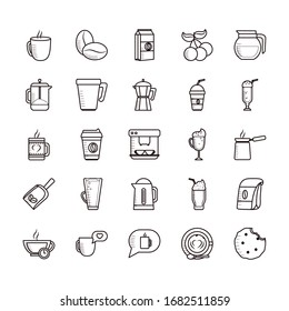 Diseño de conjunto de iconos de línea de café para tomar el desayuno bebida bebida bebida bebida bebidas de la mañana tienda aroma y cafeína tema Vector ilustración