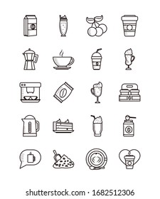 Coffee line style icon set design of time drink breakfast beverage shop morning store aroma and caffeine theme Vector illustration