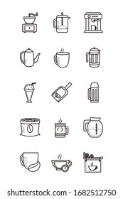 Coffee line style icon set design of time drink breakfast beverage shop morning store aroma and caffeine theme Vector illustration
