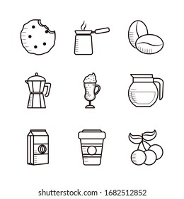 Coffee line style icon set design of time drink breakfast beverage shop morning store aroma and caffeine theme Vector illustration