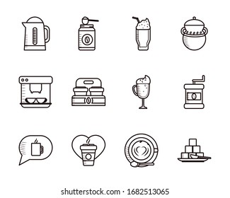 Coffee line style icon set design of time drink breakfast beverage shop morning store aroma and caffeine theme Vector illustration