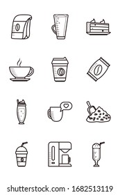 Coffee line style icon set design of time drink breakfast beverage shop morning store aroma and caffeine theme Vector illustration