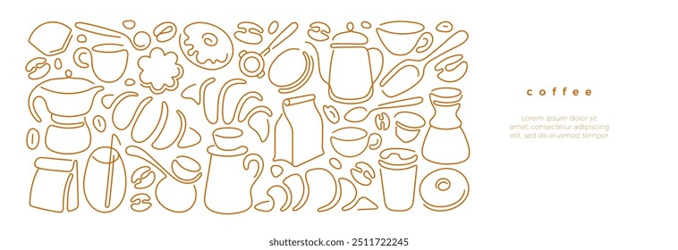 Coffee line template. Breakfast time, croissant, raw bean, abstract silhouette of cups, glass for cafe shop design, menu print. Vector doodle sketch on white background