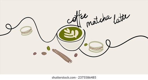 Coffee line vector one line continuous drawing illustration. Hand drawn silhouette latte icon. Matcha green trendy single line draw graphic design. Vector illustration