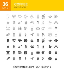Coffee Line Web Glyph Icons. Vector Illustration of Drink Outline and Solid Symbols. 