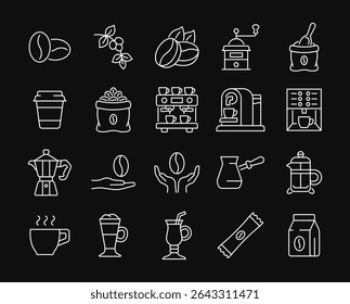 Coffee line white icon set. Vector collection with beans, grinder, beans bag, turkish cezve, coffee machine, latte, cappuccino, coffee maker, cup. Editable stroke.
