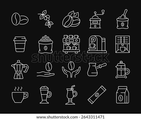 Coffee line white icon set. Vector collection with beans, grinder, beans bag, turkish cezve, coffee machine, latte, cappuccino, coffee maker, cup. Editable stroke.