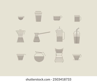 Coffee linear icon set cup, glass, french press, maker, filter, drip, turk, pot drawn with brown flat lines on beige background