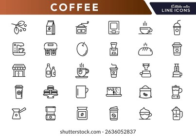 Coffee linear icon set. Latte, drink, coffee beans, roasting, breakfast, morning tea, coffee shop, mug, cup, coffee machine, sugar, caffeine, outline icon collection. UI thin vector icon pack