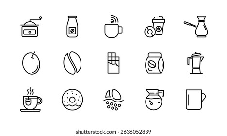 Coffee linear icon set. Latte, drink, coffee beans, roasting, breakfast, morning tea, coffee shop, mug, cup, coffee machine, sugar, caffeine, outline icon collection. UI thin vector icon pack